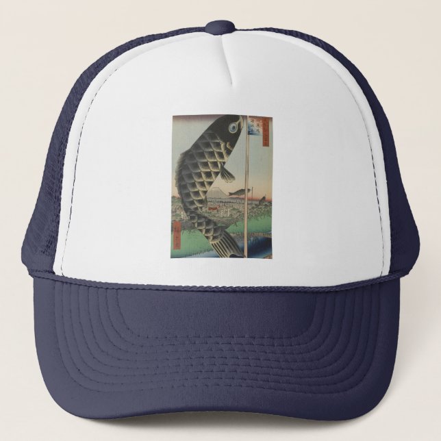 Japanese Koi Hiroshige Fish Festival Flag Trucker Hat (Front)