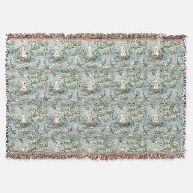 Japanese Koi & Lotus Pond Bunny Throw Blanket (Front)
