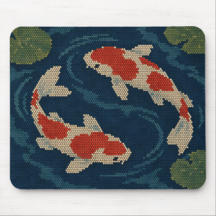 Japanese Koi Pond Red White Fish Pixel Art Mouse Mat