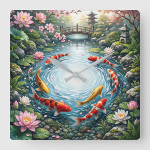 Japanese Koi Pond Square Clock Zen Garden