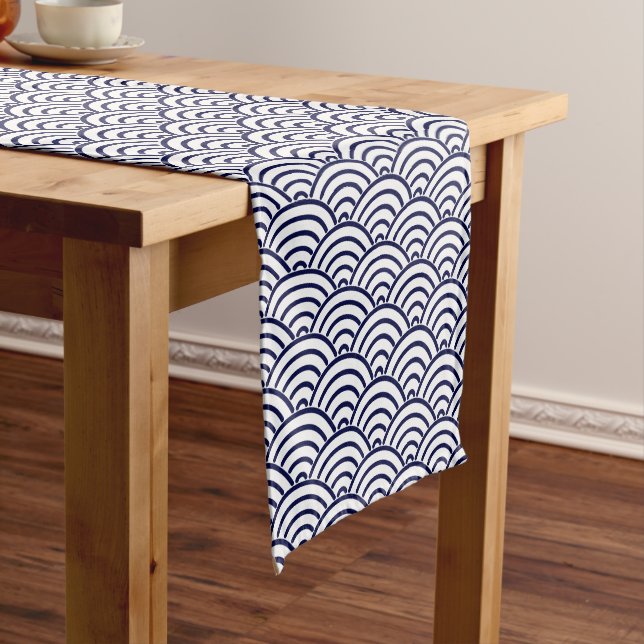 Japanese Koinobori Fish Scale in Delft Blue Short Table Runner (In Situ)