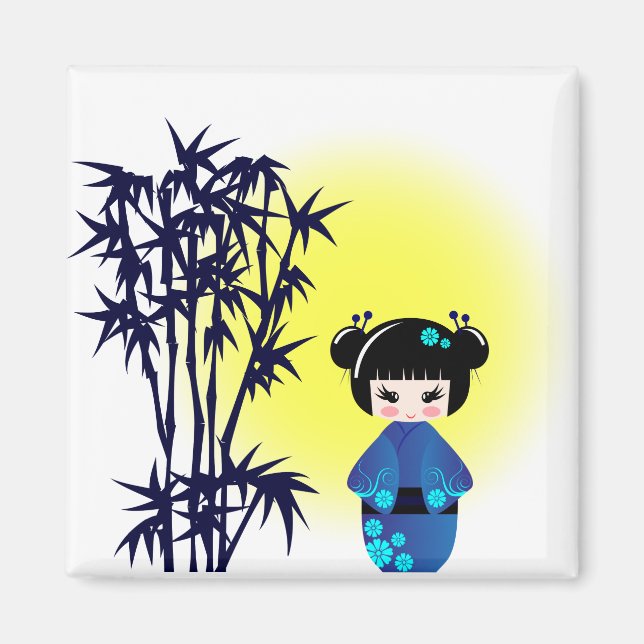 Japanese kokeshi doll at bamboo during sunrise magnet (Front)