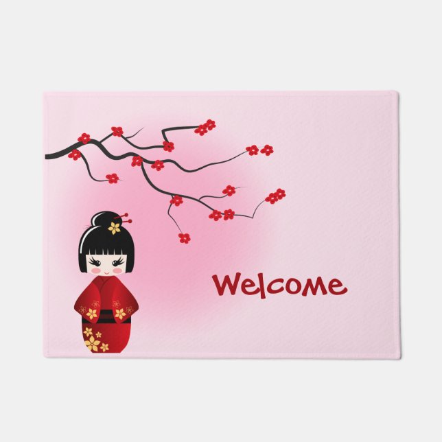 Japanese kokeshi doll at sakura blossoms doormat (Front)