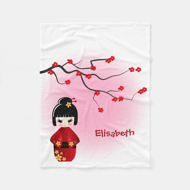 Japanese kokeshi doll at sakura blossoms fleece blanket (Front)