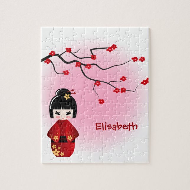 Japanese kokeshi doll at sakura blossoms jigsaw puzzle (Vertical)