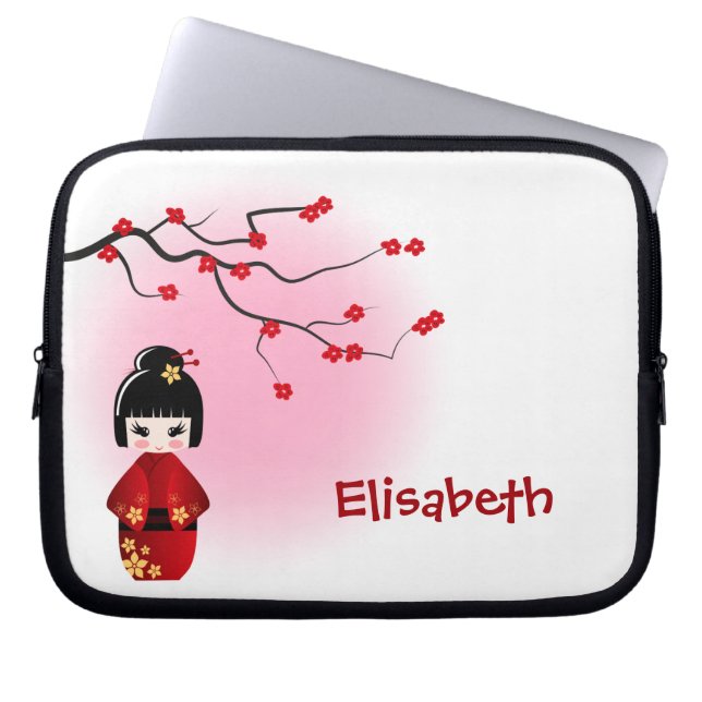 Japanese kokeshi doll at sakura blossoms laptop sleeve (Front)