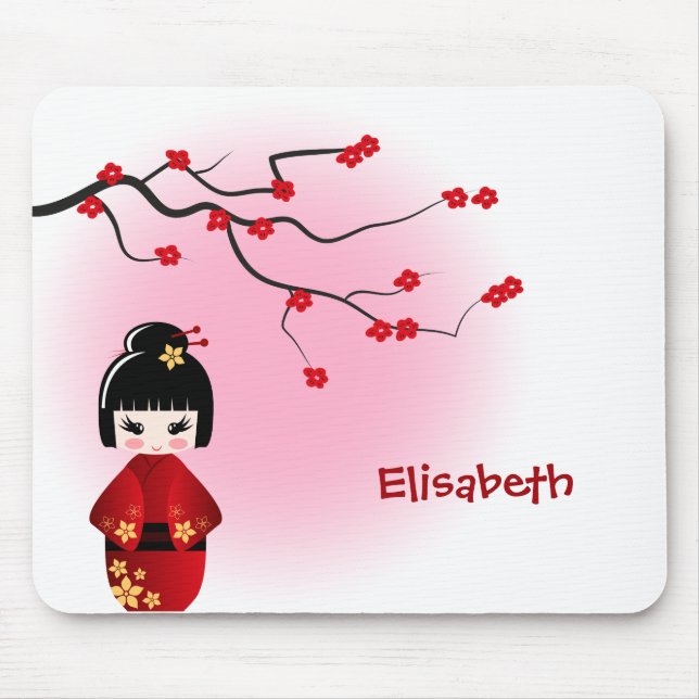 Japanese kokeshi doll at sakura blossoms mouse mat (Front)