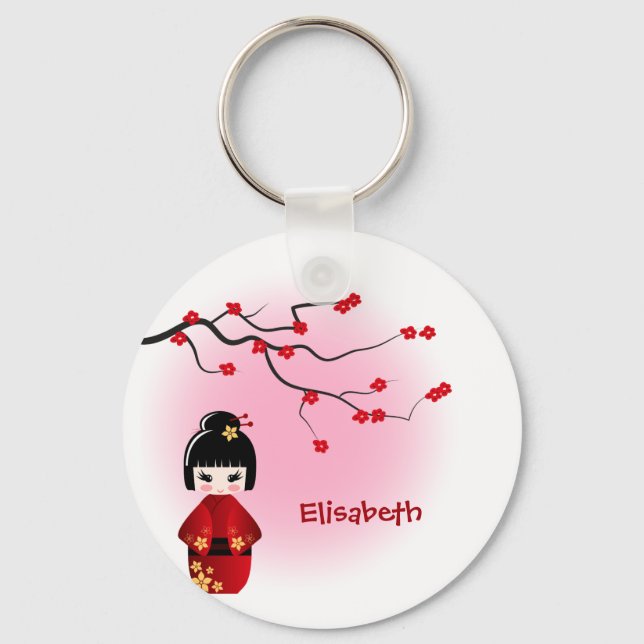 Japanese kokeshi doll at sakura blossoms name key ring (Front)