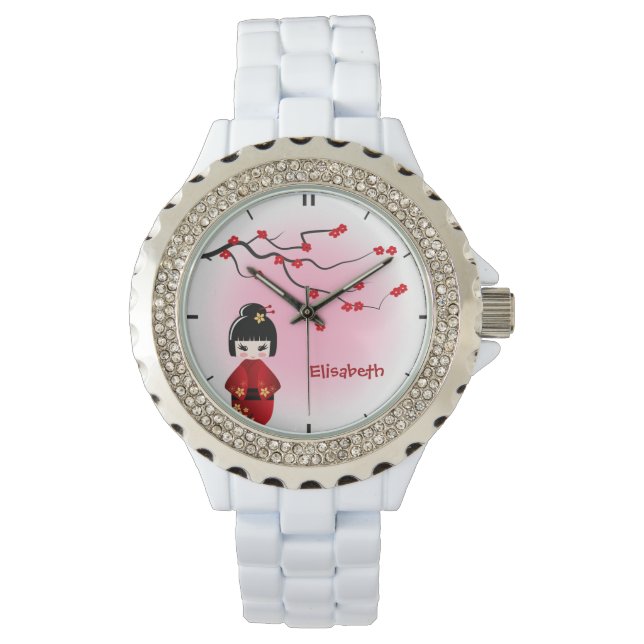 Japanese kokeshi doll at sakura blossoms name watch (Front)