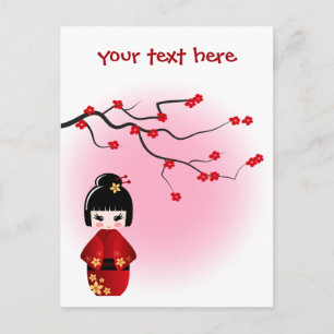 Japanese kokeshi doll at sakura blossoms postcard