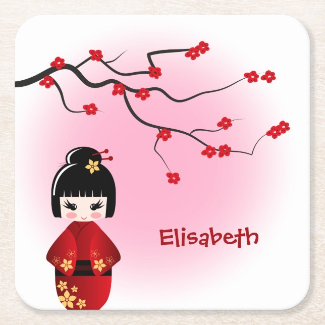 Japanese kokeshi doll at sakura girl name square paper coaster (Front)