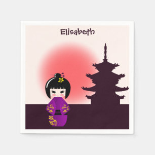 Japanese kokeshi doll at temple during sunset girl napkin