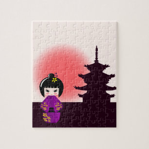 Japanese kokeshi doll at temple during sunset jigsaw puzzle