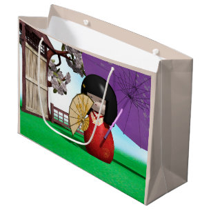 Japanese Kokeshi Doll Cherry Blossom Art Large Gift Bag