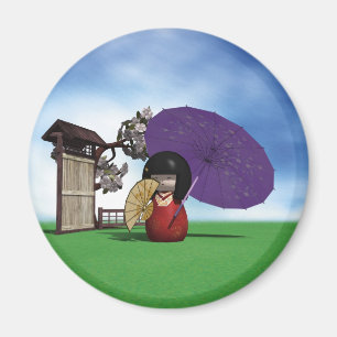 Japanese Kokeshi Doll Cherry Blossom Art Magnet