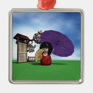 Japanese Kokeshi Doll Cherry Blossom Art Metal Tree Decoration