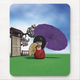 Japanese Kokeshi Doll Cherry Blossom Art Mouse Mat
