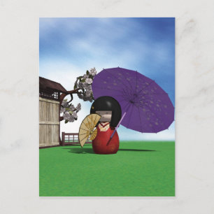 Japanese Kokeshi Doll Cherry Blossom Art Postcard