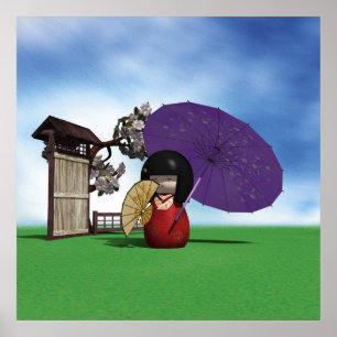 Japanese Kokeshi Doll Cherry Blossom Art Poster