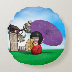 Japanese Kokeshi Doll Nursery Decor Round Cushion