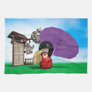 Japanese Kokeshi Doll Nursery Decor Tea Towel