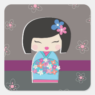 Japanese Kokeshi Doll Square Stickers