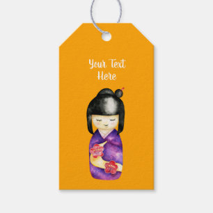 Japanese Kokeshi Doll Watercolor Painting Gift Tags