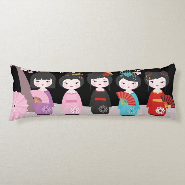 Japanese Kokeshi Dolls Black Body Cushion (Front)