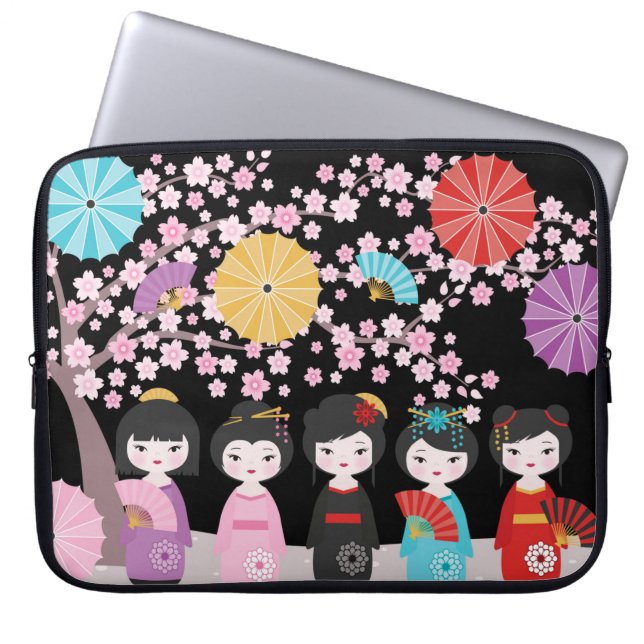 Japanese Kokeshi Dolls Black Laptop Sleeve (Front)