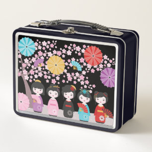 Japanese Kokeshi Dolls Black Metal Lunch Box