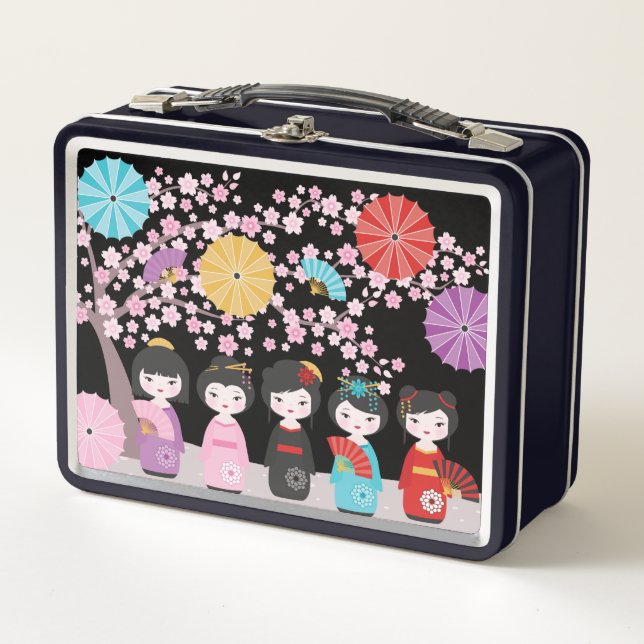 Japanese Kokeshi Dolls Black Metal Lunch Box (Front)
