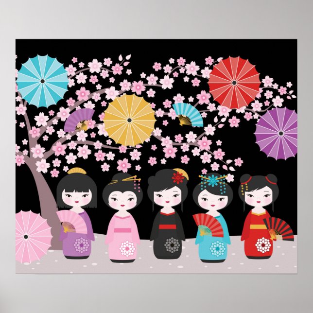 Japanese Kokeshi Dolls Black Poster (Front)