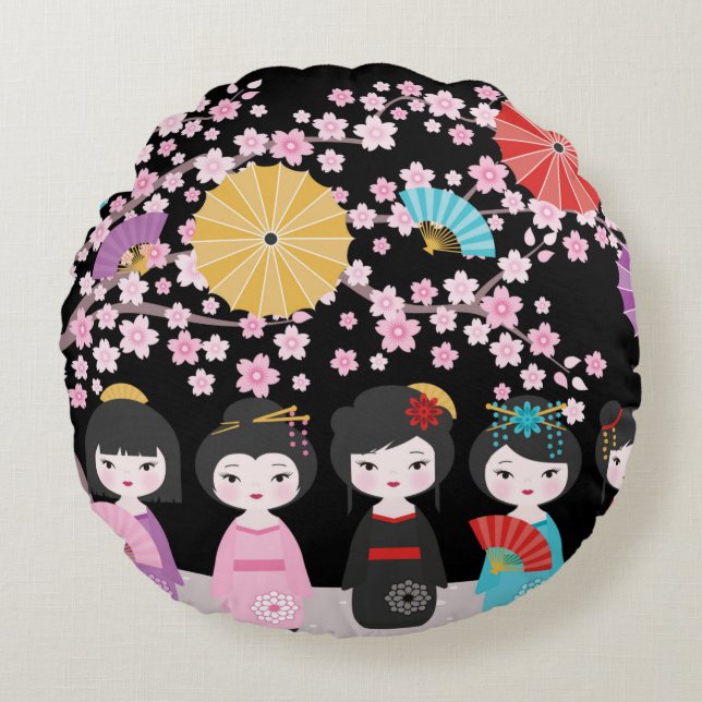 Japanese Kokeshi Dolls Black Round Cushion (Front)