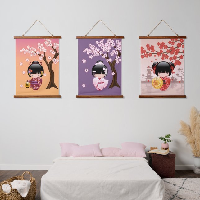 Japanese Kokeshi Dolls - Geisha Girls Set of 3 Hanging Tapestry (Bedroom)