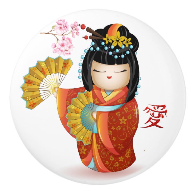 Japanese Kokeshi Love Doll Ceramic Knob (Front)