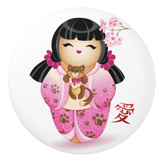 Japanese Kokeshi Love Doll Ceramic Knob (Front)