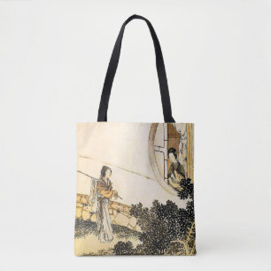 Japanese lady at moon window vintage print tote bag