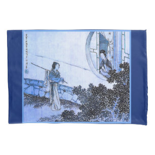 Japanese lady in kimono at moongate window pillowcase