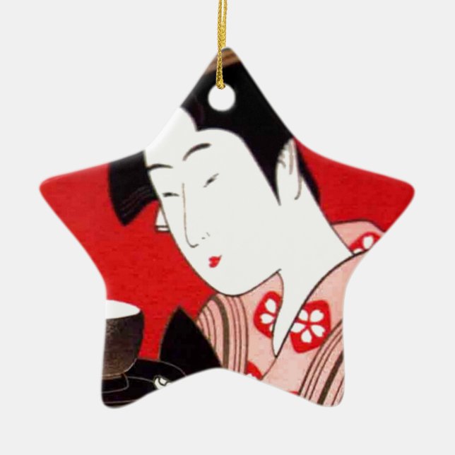 Japanese Lady Tea Serving Ceremony Art Print Ceramic Tree Decoration (Front)