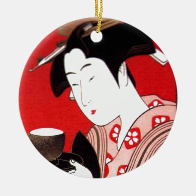 Japanese Lady Tea Serving Ceremony Art Print Ceramic Tree Decoration (Front)