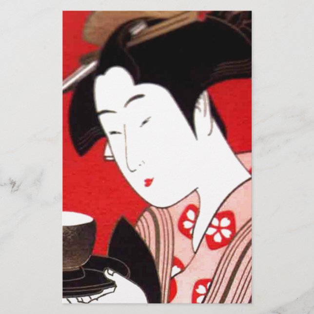 Japanese Lady Tea Serving Ceremony Art Print Stationery (Front)