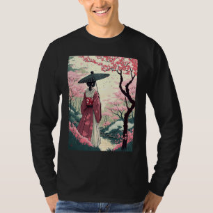 Japanese Lady with Umbrella cherry Blossom Garden T-Shirt