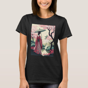 Japanese Lady with Umbrella Pagoda cherry Blossom T-Shirt