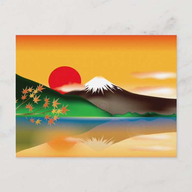 Japanese Landmark Mount Fuji with Orange Sunset Postcard (Front)