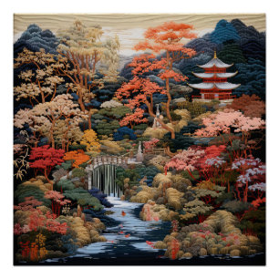 Japanese Landscape Art: Waterfall and Village Poster