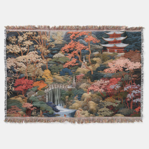 Japanese Landscape Art: Waterfall and Village Throw Blanket