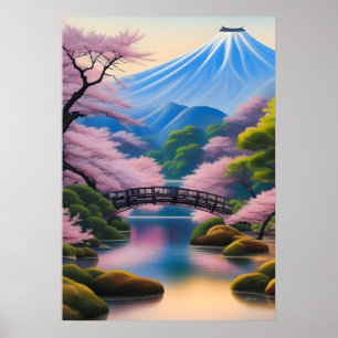 Japanese Landscape Cherry Blossoms And Mountain Poster