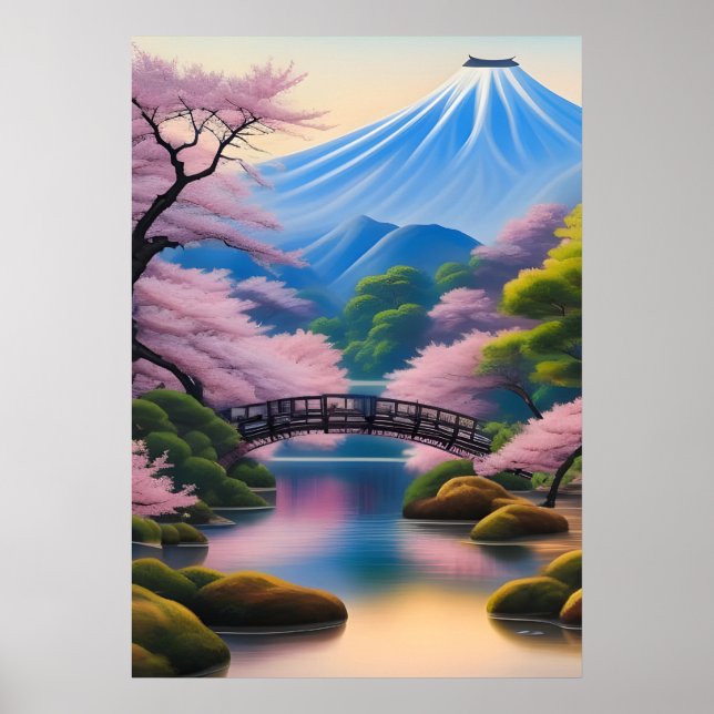 Japanese Landscape Cherry Blossoms And Mountain Poster (Front)