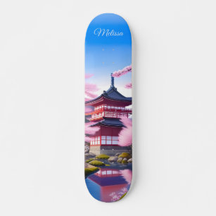 Japanese Landscape Cherry Blossoms And Temple Skateboard
