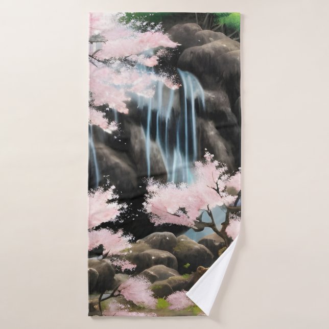 Japanese Landscape Cherry Blossoms And Waterfall Bath Towel (Bath Towel)